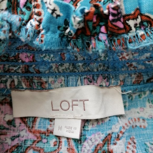Loft Womens Pacific Blue Paisley Ruffle Mock Neck Button Up Shirt Size Medium - Picture 5 of 6